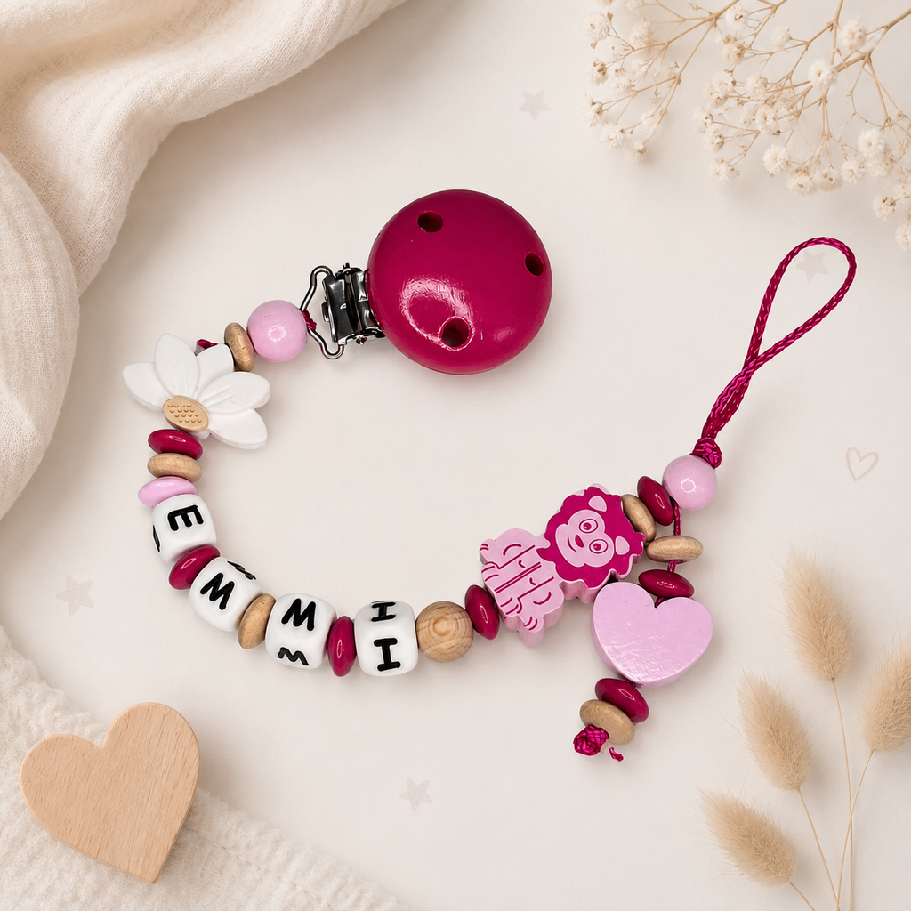 Personalisierte Schnullerkette mit Namen - Holz & Silikon - Baby Mädchen - Pink Natur - Löwen Design