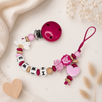 Personalisierte Schnullerkette mit Namen - Holz & Silikon - Baby Mädchen - Pink Natur - Löwen Design