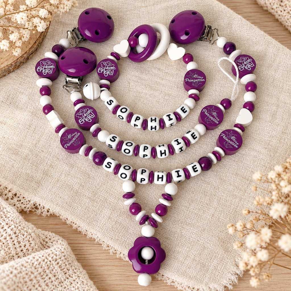 3er Set – Personalisierte Schnullerkette, Greifling & Kinderwagenkette - Kleine Prinzessin - violett weiß