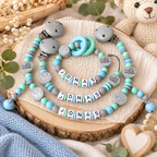 Personalisierte Schnullerkette mit Namen & Baby Geschenkset - Dein Schutzengel in Grau, Mint & Türkis