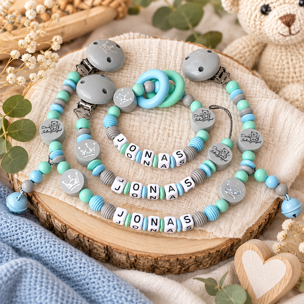 Personalisierte Schnullerkette mit Namen & Baby Geschenkset - Dein Schutzengel in Grau, Mint & Türkis