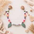 3er Set mit Namen Blume | Schnullerkette, Greifring & Kinderwagenkette