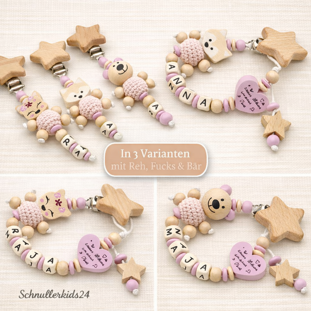 Schnullerkette für Mädchen mit Namen - Fuchs, Bär oder Reh - Geschenk