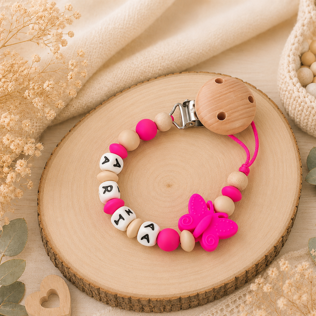 Schnullerkette mit Namen Schmetterling - Baby Mädchen - Babygeschenk