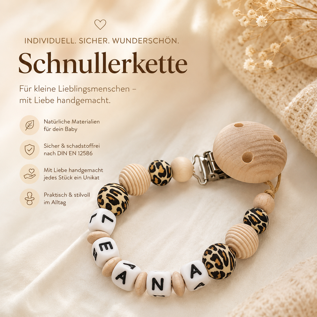 Personalisierte Schnullerkette mit Namen – Holz & Silikon – Baby Mädchen - Natur - Leo Design