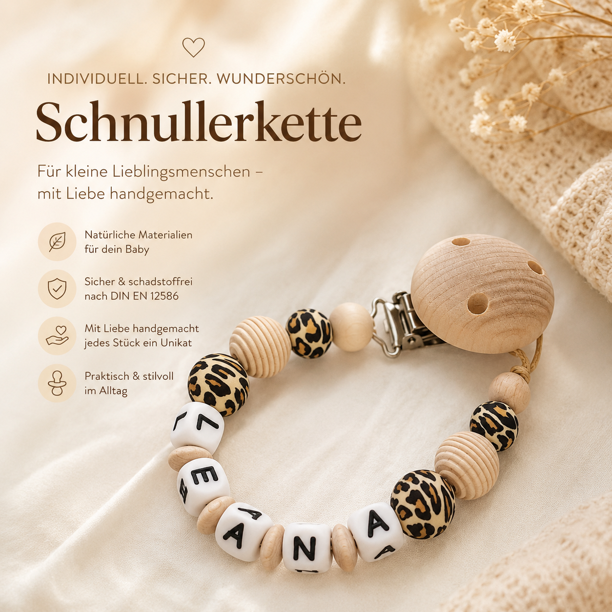 Personalisierte Schnullerkette mit Namen – Holz & Silikon – Baby Mädchen - Natur - Leo Design