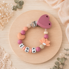 3er Set mit Namen Blume Herz | Schnullerkette, Greifring & Kinderwagenkette