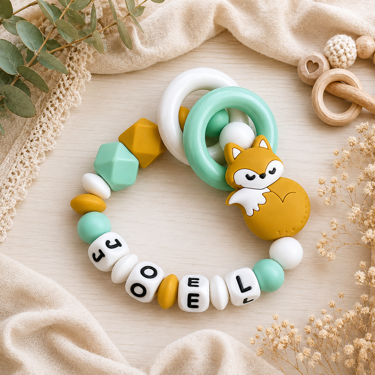 Schnullerkette & Greifling mit Namen - personalisiert - Baby Junge - Geschenk