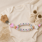 Schnullerkette mit Namen & Doppelnamen Mädchen | Personalisiert aus Holz & Silikon | Baby Geschenk zur Geburt & Taufe