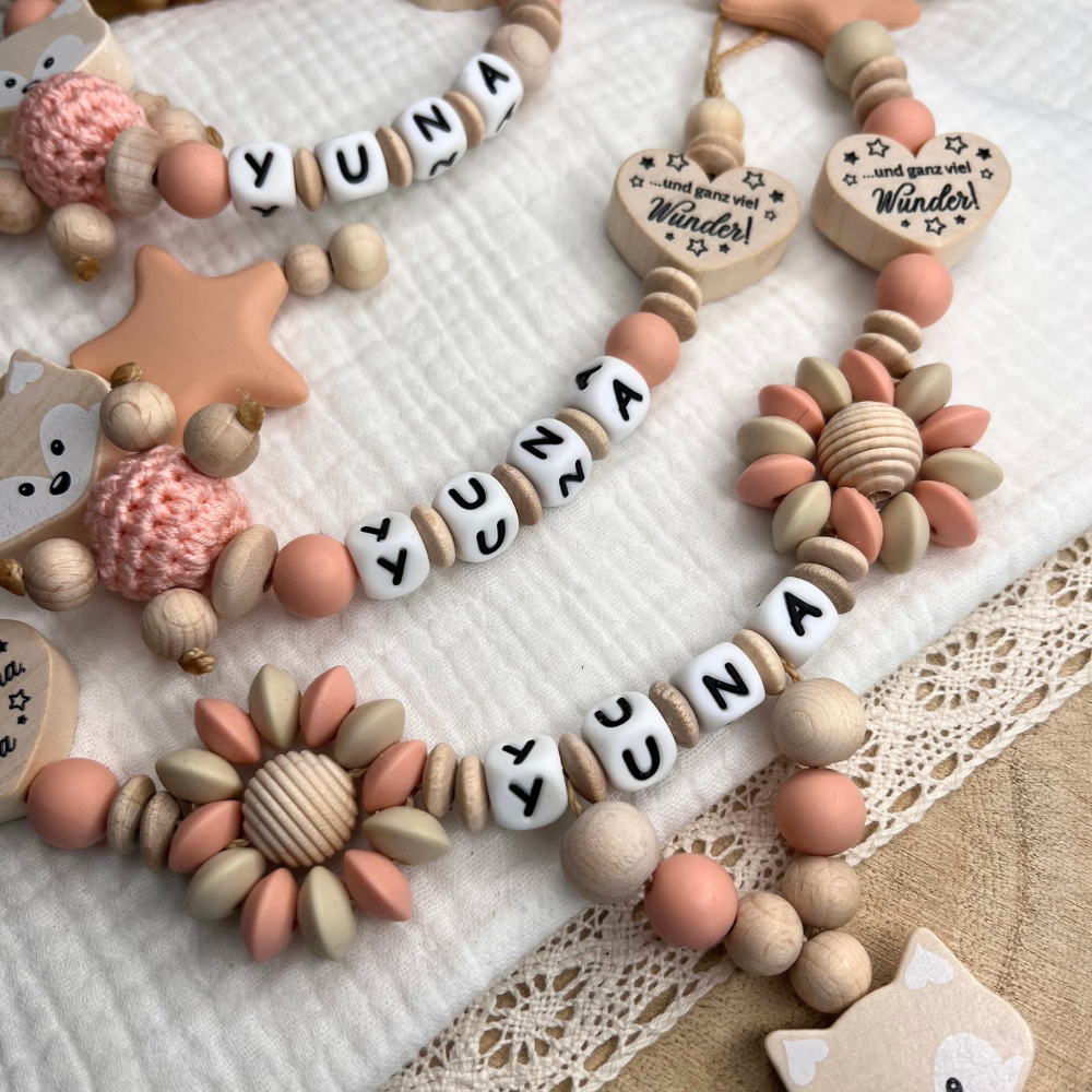 3er Set – Personalisierte Schnullerkette, Greifling & Kinderwagenkette - Fuchs - Mädchen