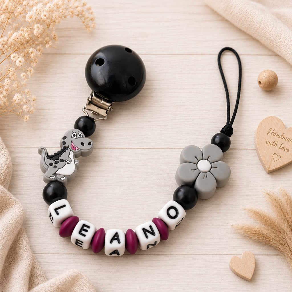 Personalisierte Schnullerkette mit Namen Dino & Blume