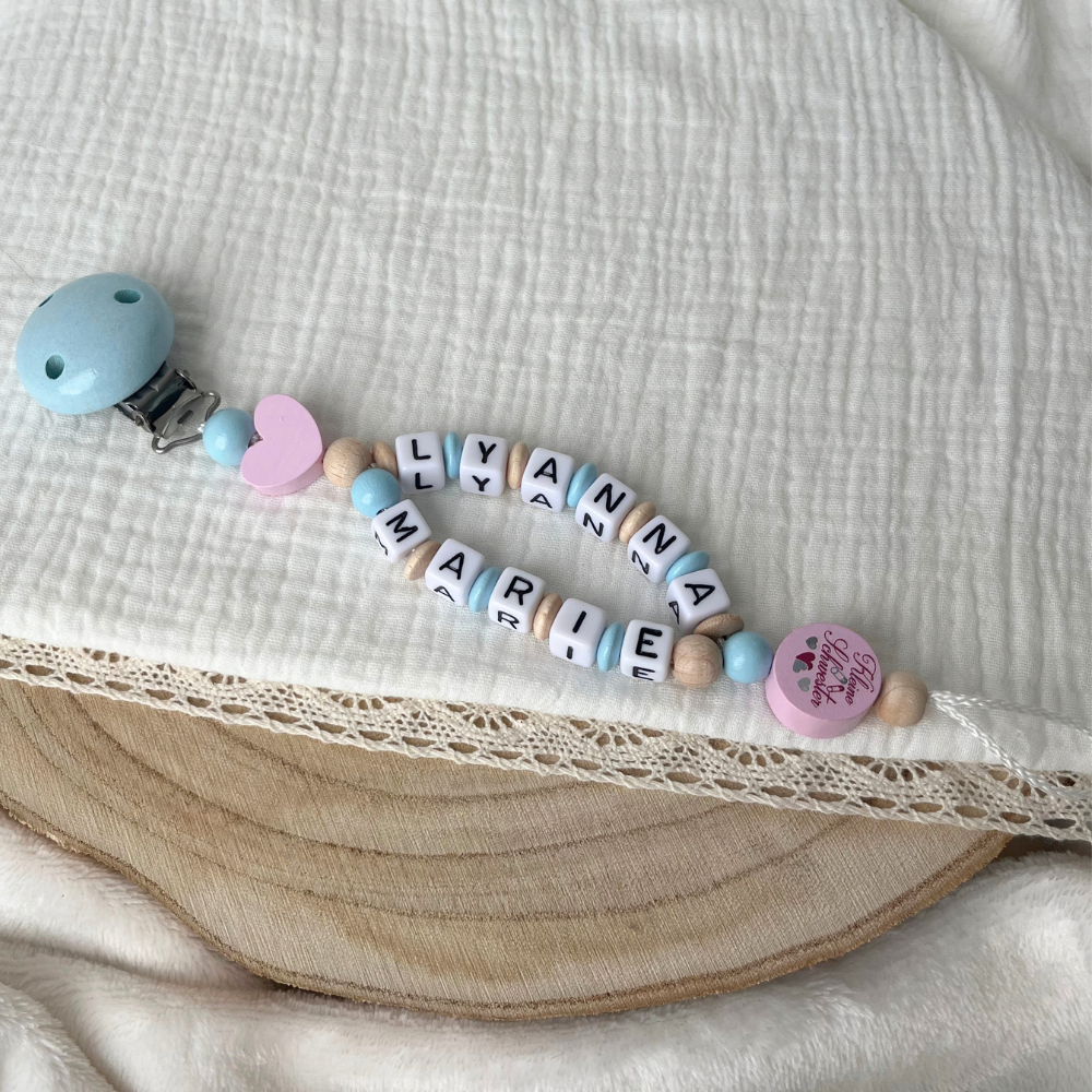 Schnullerkette mit Doppelnamen personalisiert – Kleine Prinzessin | Geschenk zur Geburt, Taufe & Babyparty