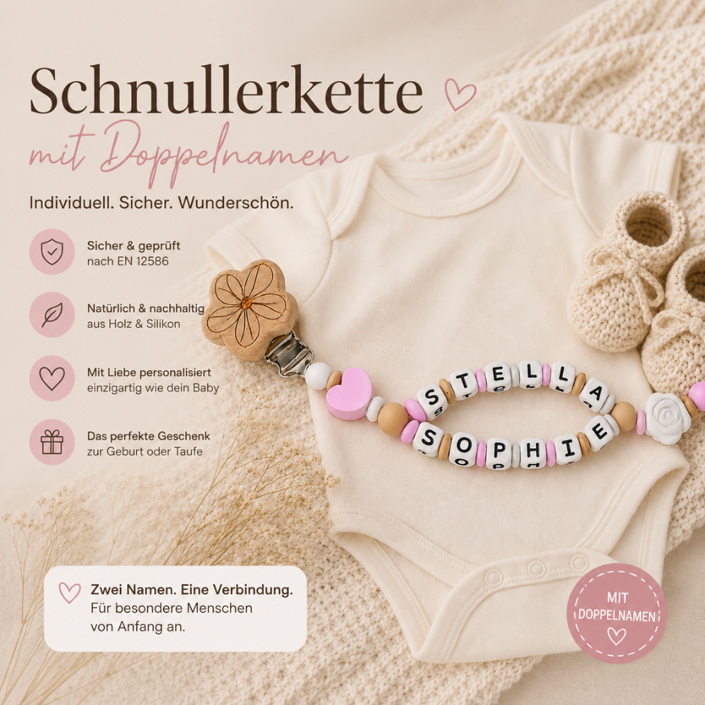 Schnullerkette mit Namen & Doppelnamen Mädchen | Personalisiert aus Holz & Silikon | Baby Geschenk zur Geburt & Taufe