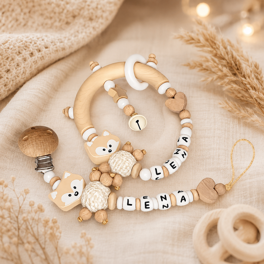 Greifling mit Namen – Fuchs Natur Weiß | Personalisiertes Baby Geschenk