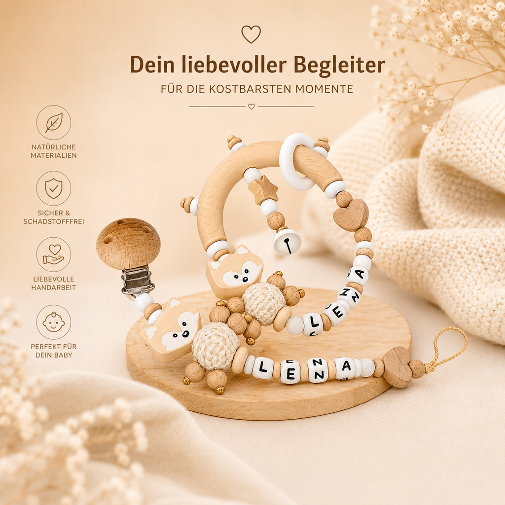 Greifling mit Namen – Fuchs Natur Weiß | Personalisiertes Baby Geschenk