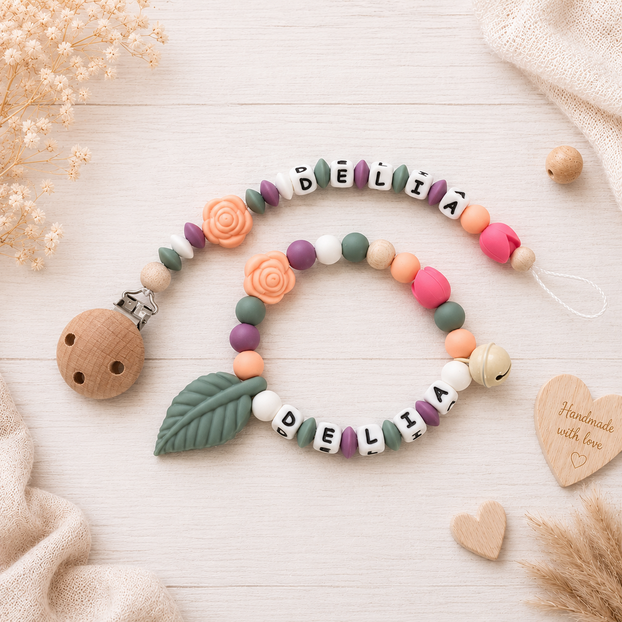 3er Set mit Namen Blume | Schnullerkette, Greifring & Kinderwagenkette