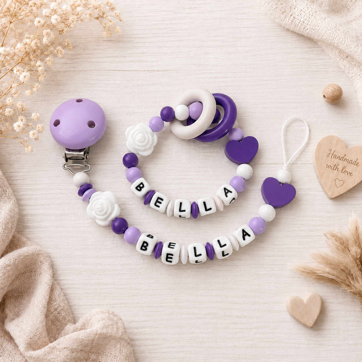 3er Set mit Namen Herz | Schnullerkette, Greifring & Kinderwagenkette