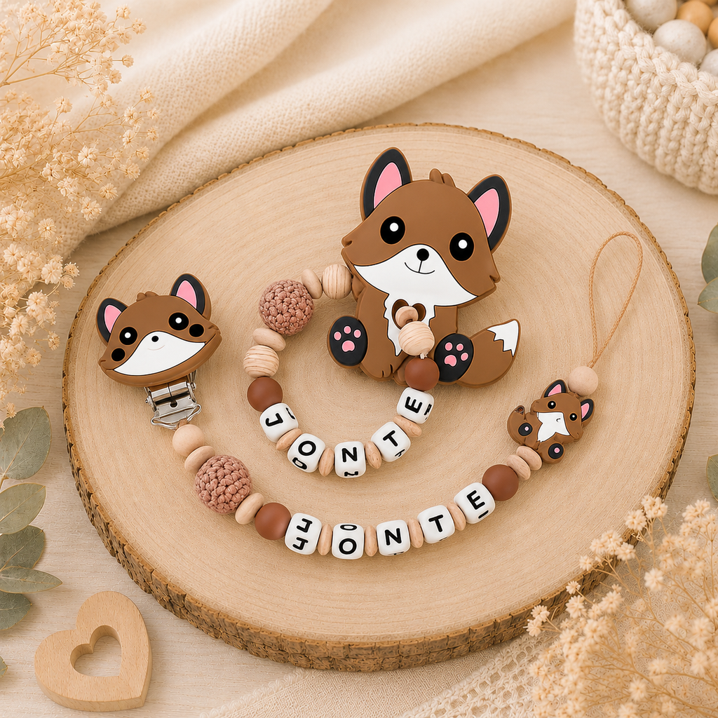 Schnullerkette & Greifling – Fuchs Mädchen Junge – Set oder einzeln - Babygeschenk