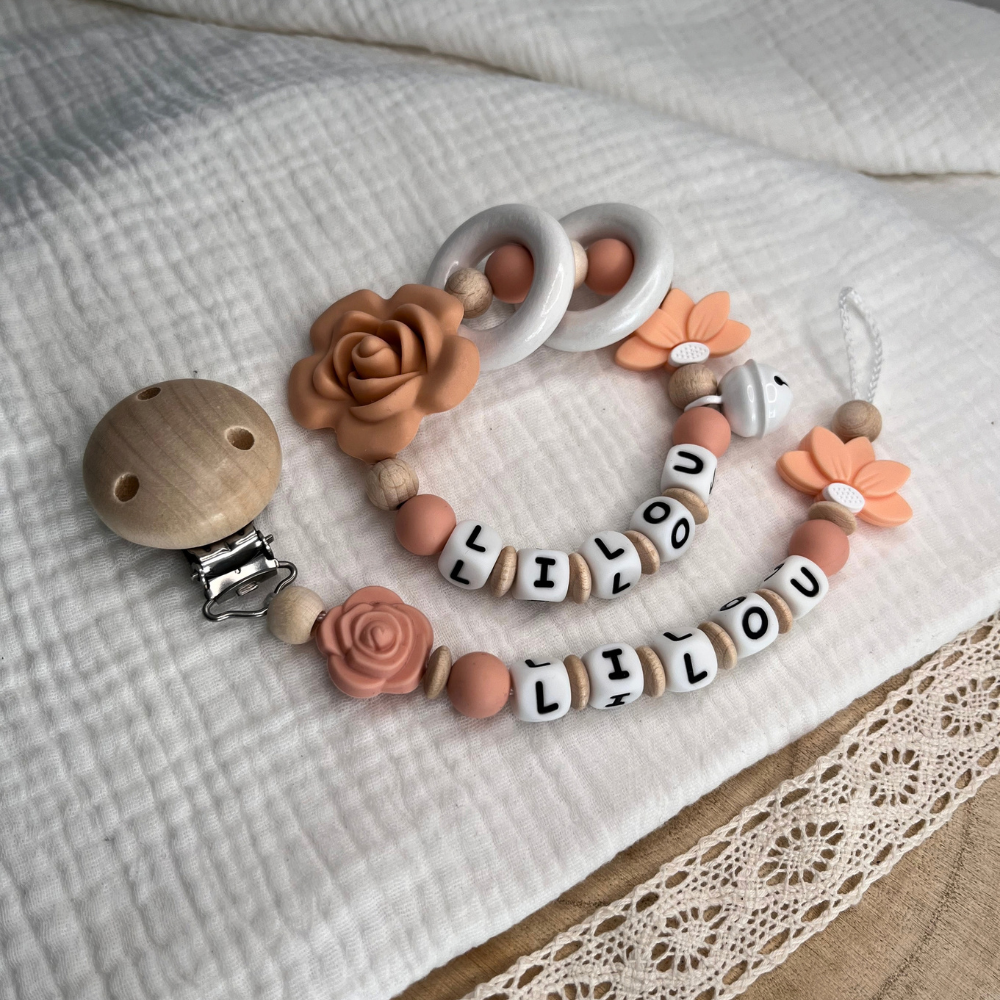3er Set – Personalisierte Schnullerkette, Greifling & Kinderwagenkette - Blume - Baby Mädchen