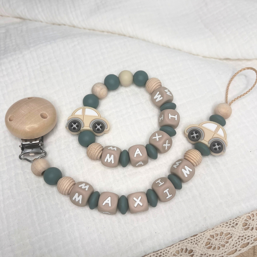 3er Set – Personalisierte Schnullerkette, Greifling & Kinderwagenkette - Auto - Baby Junge