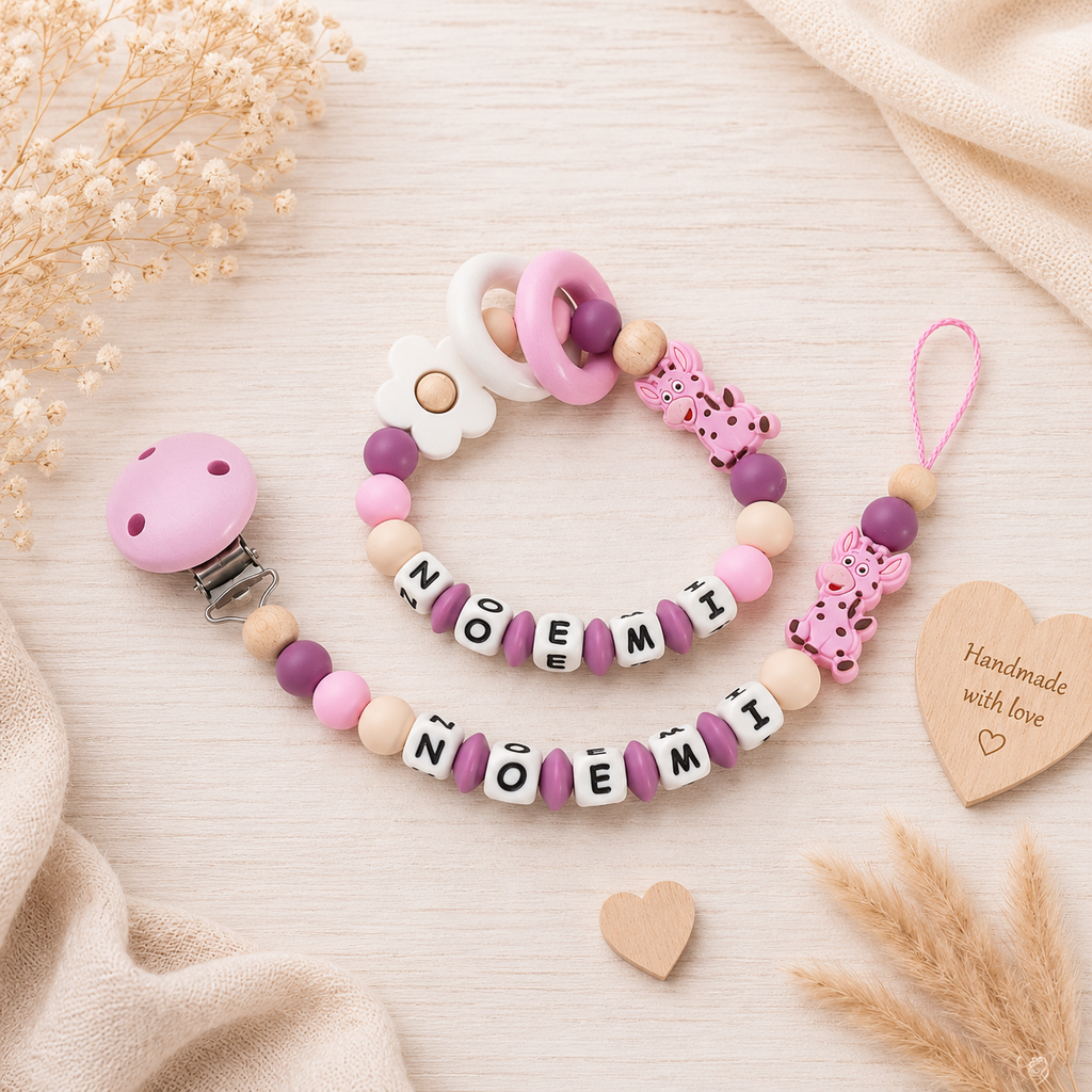 3er Set mit Namen Giraffe | Schnullerkette, Greifring & Kinderwagenkette