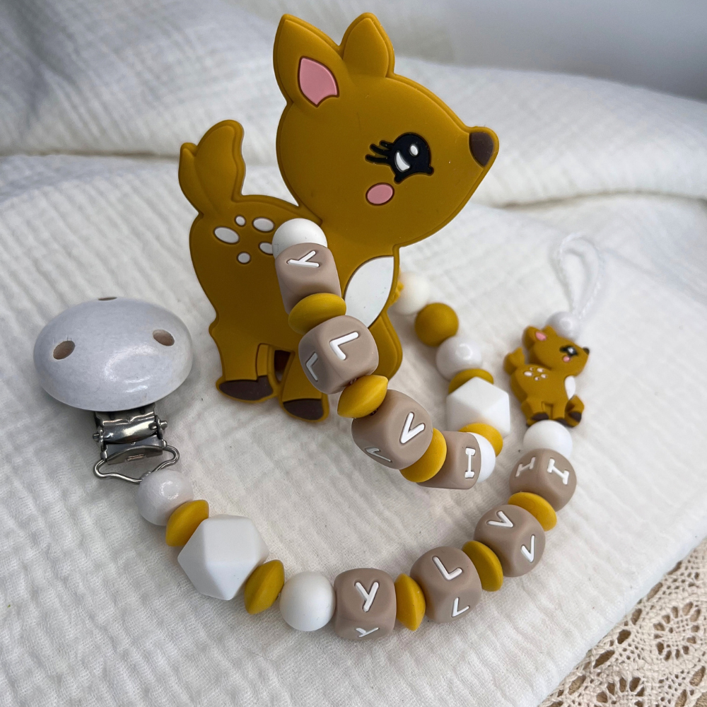 3er Set – Personalisierte Schnullerkette, Greifling & Kinderwagenkette - Reh - Baby Junge Mädchen