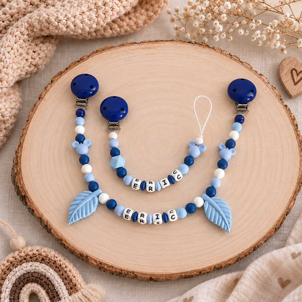 3er Set mit Namen Maus | Schnullerkette, Greifring & Kinderwagenkette