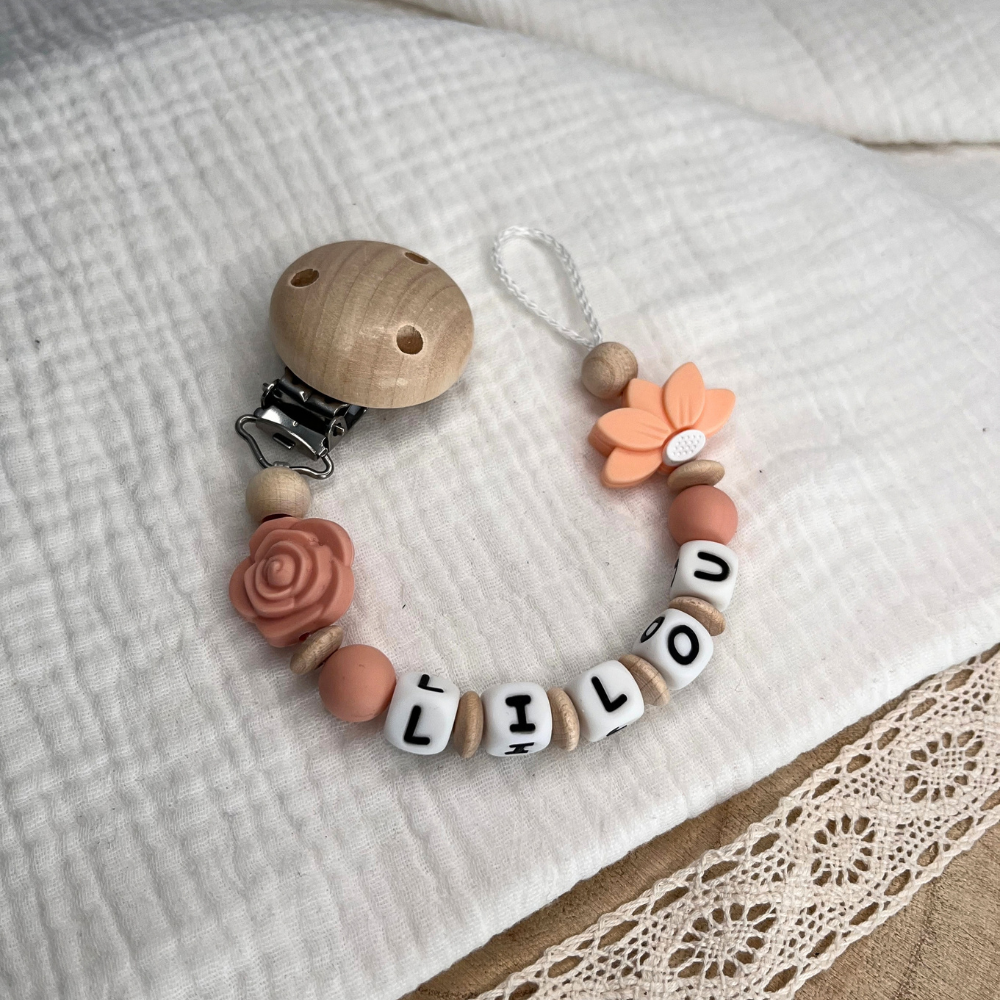 3er Set – Personalisierte Schnullerkette, Greifling & Kinderwagenkette - Blume - Baby Mädchen