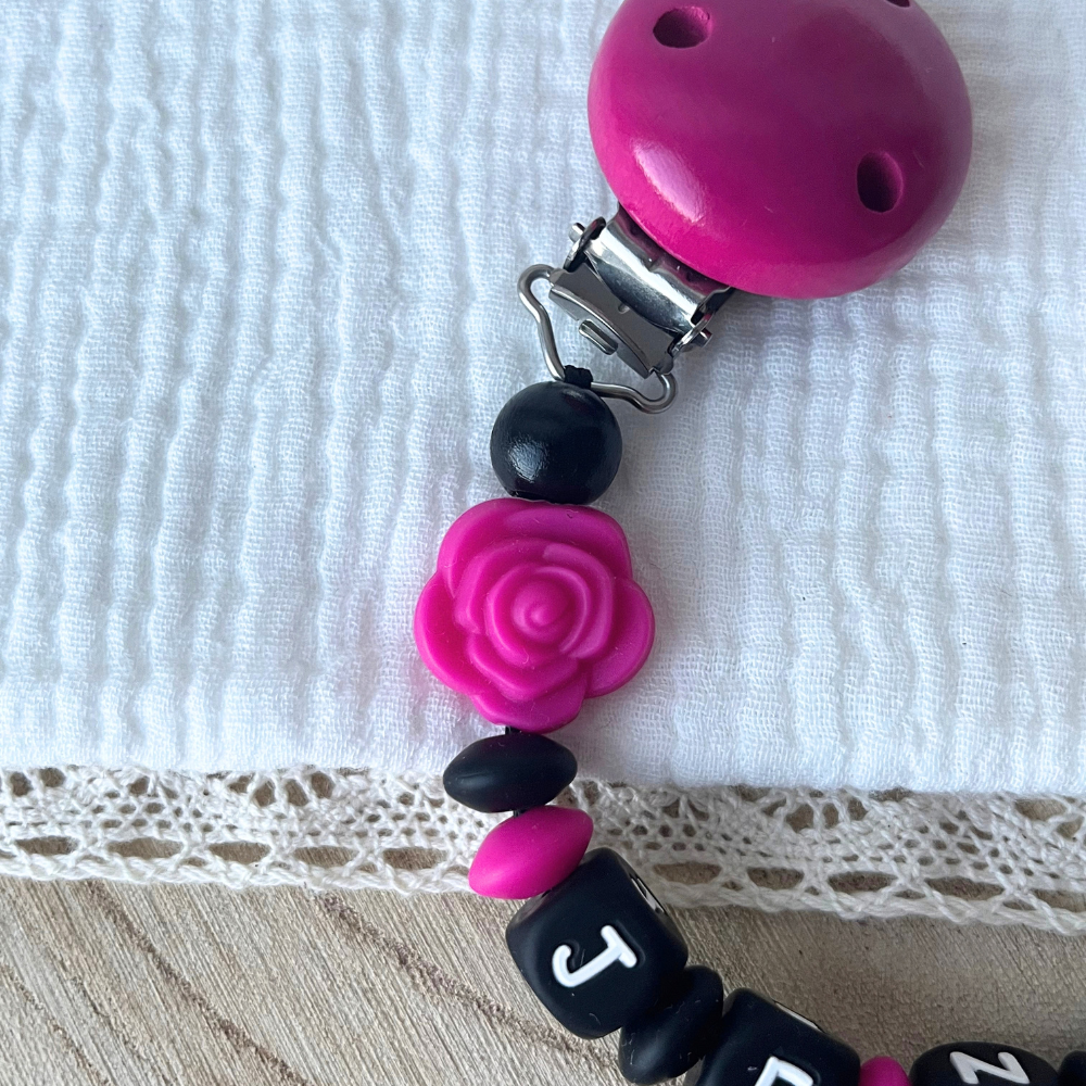 Schnullerkette mit Namen - personalisiert - Rose - Baby Geschenk - pink schwarz