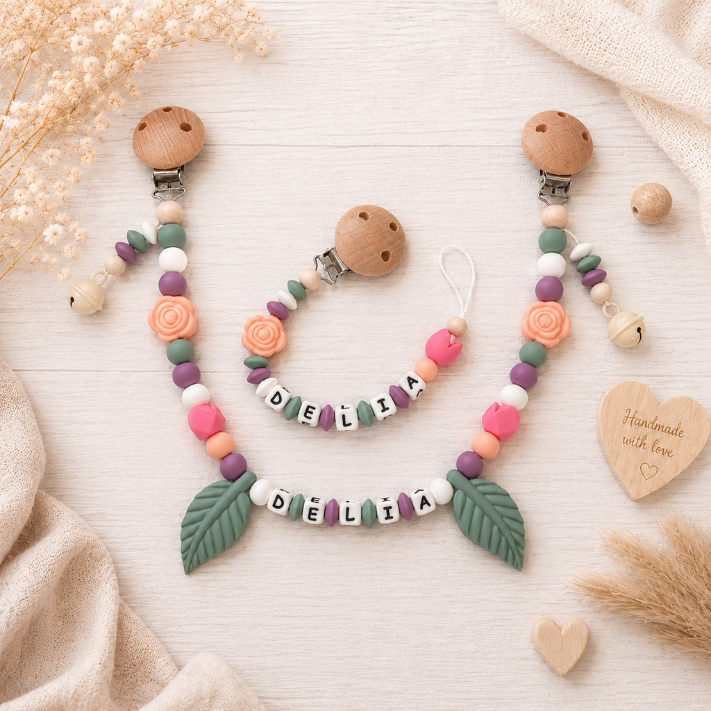 3er Set mit Namen Blume | Schnullerkette, Greifring & Kinderwagenkette