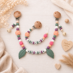 3er Set mit Namen Blume | Schnullerkette, Greifring & Kinderwagenkette