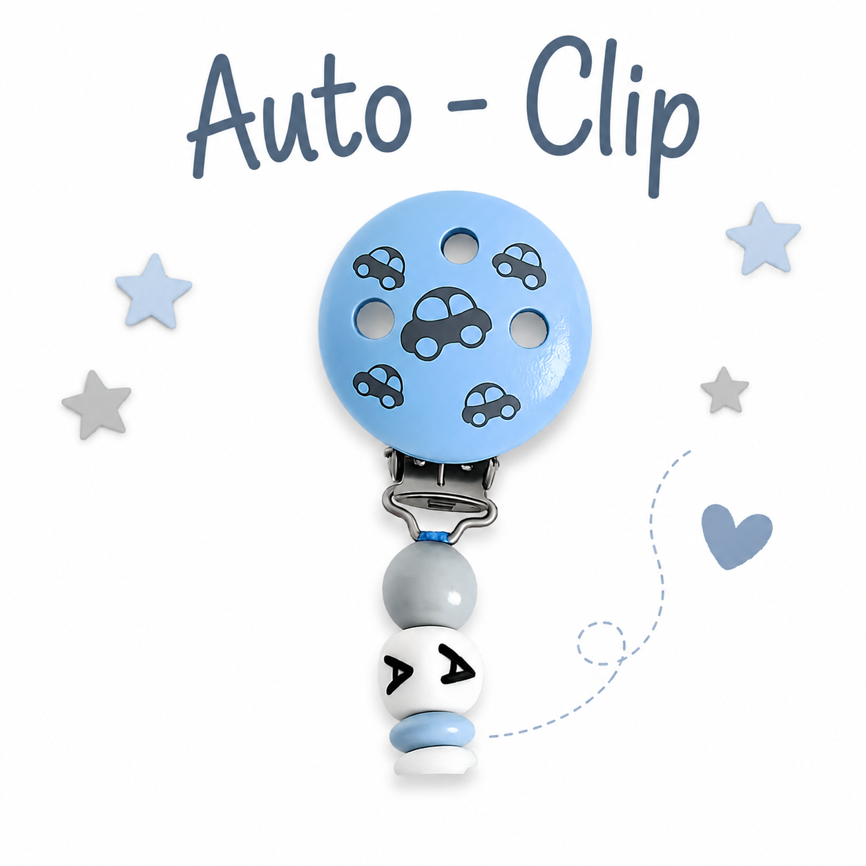 Personalisierte Schnullerkette mit Namen für Jungen - Auto - Silikon & Holz - Blau Grau