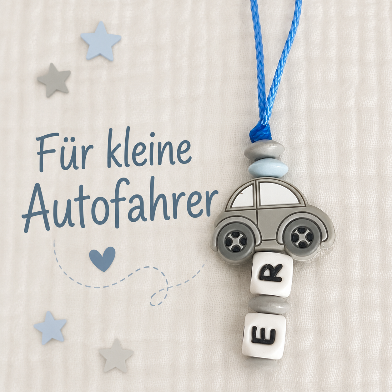 Personalisierte Schnullerkette mit Namen für Jungen - Auto - Silikon & Holz - Blau Grau