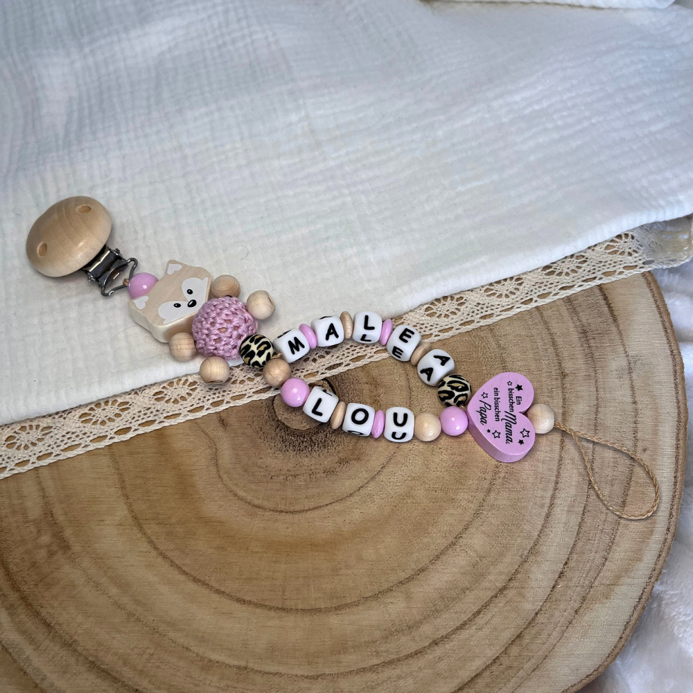 Schnullerkette mit Doppelnamen personalisiert – Fuchs Herz mit Spruch | Geschenk zur Geburt, Taufe & Babyparty