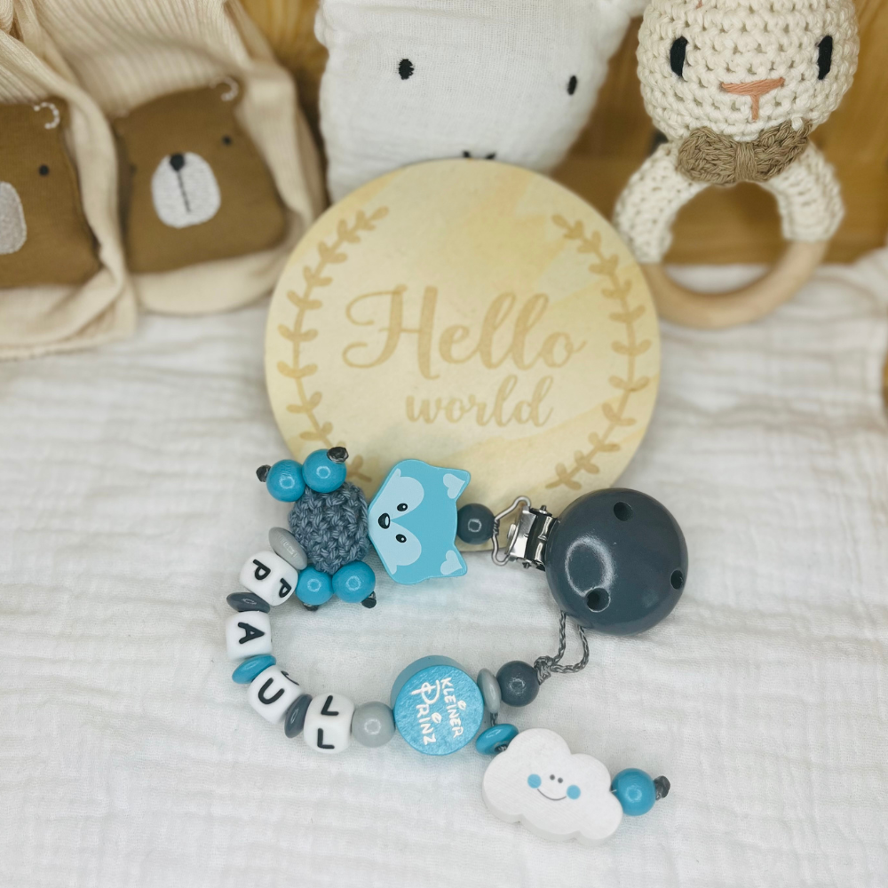 Schnullerkette mit Namen personalisiert - Türkiser Fuchs + Kleiner Prinz - Junge