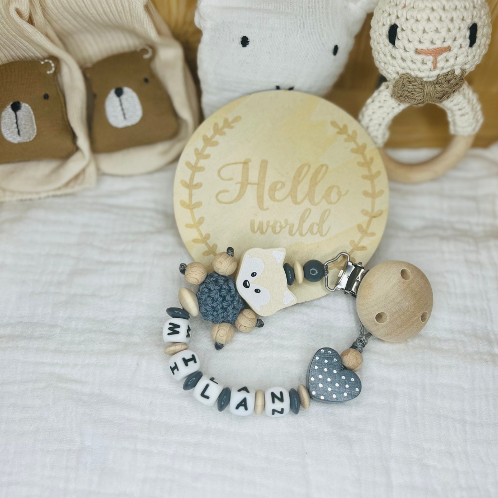 Schnullerkette mit Namen - Holz Fuchs, Grau- Junge