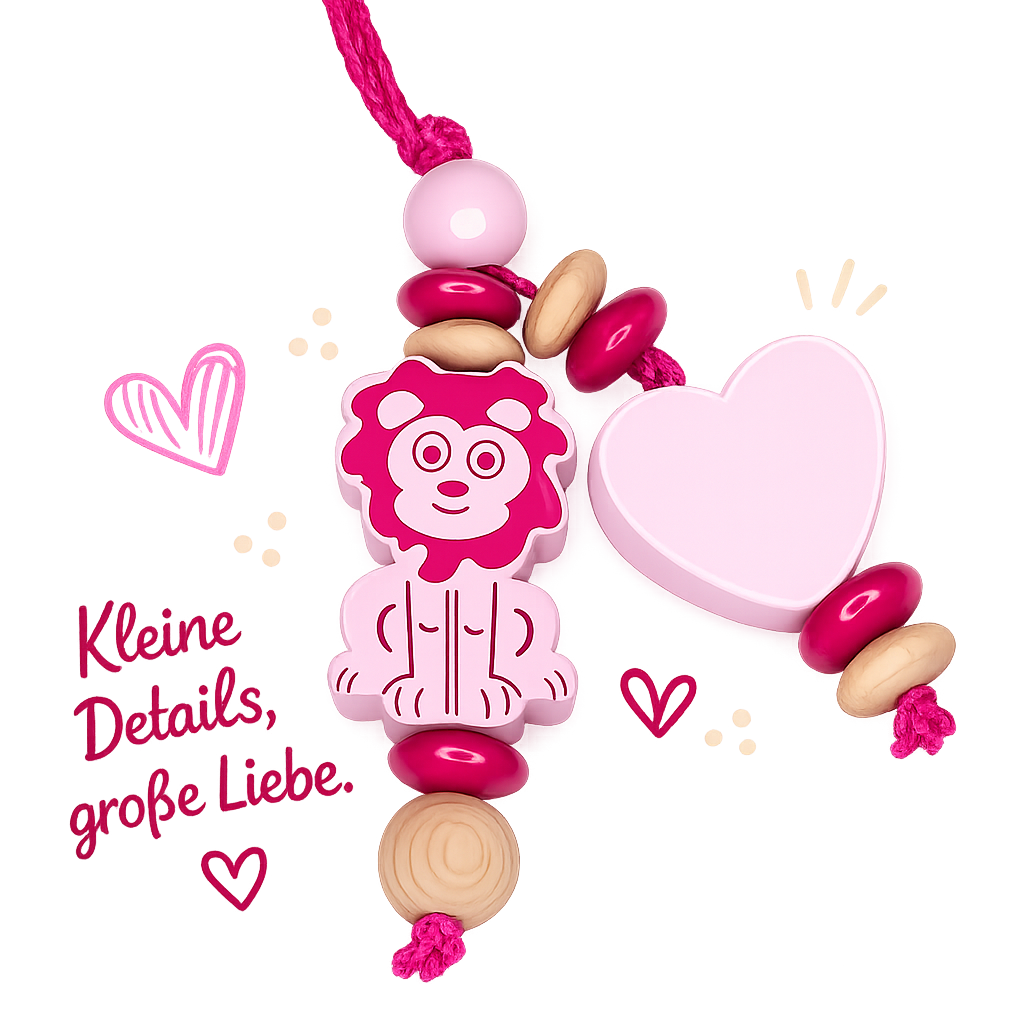 Personalisierte Schnullerkette mit Namen - Holz & Silikon - Baby Mädchen - Pink Natur - Löwen Design
