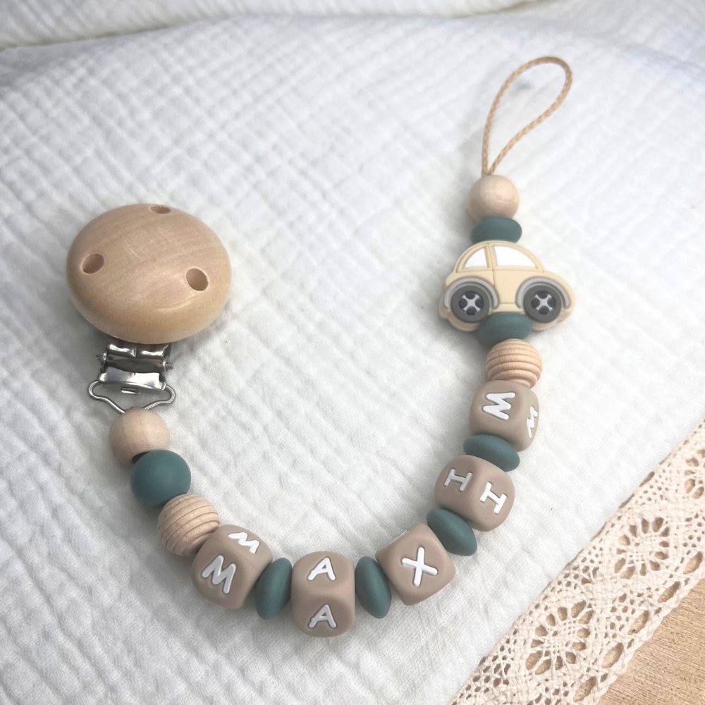 3er Set – Personalisierte Schnullerkette, Greifling & Kinderwagenkette - Auto - Baby Junge