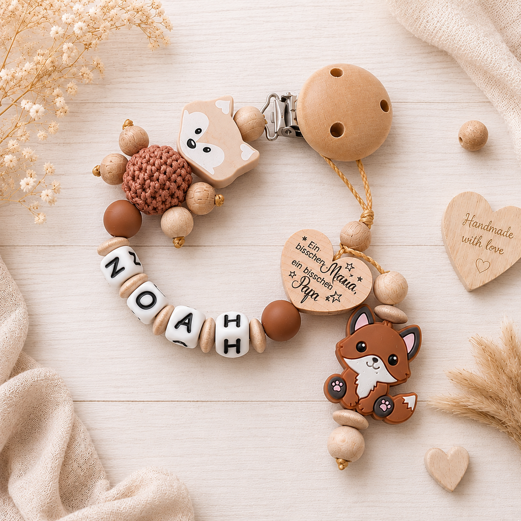 Schnullerkette mit Namen personalisiert - Fuchs - Mama & Papa viel Wunder - Geschenk zur Geburt