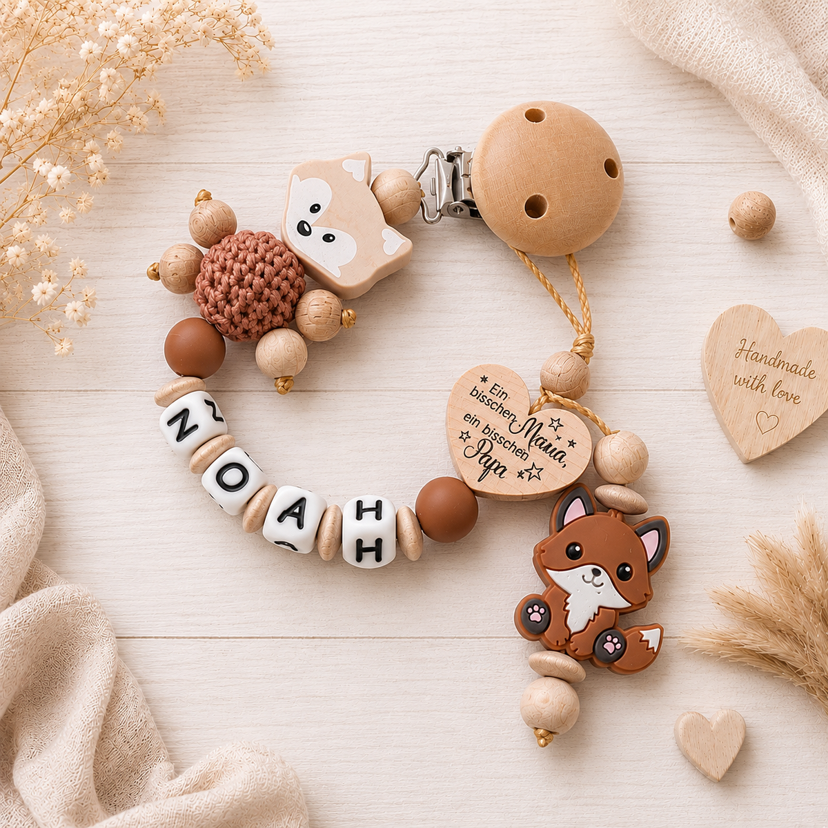 Schnullerkette mit Namen personalisiert - Fuchs - Mama & Papa viel Wunder - Geschenk zur Geburt