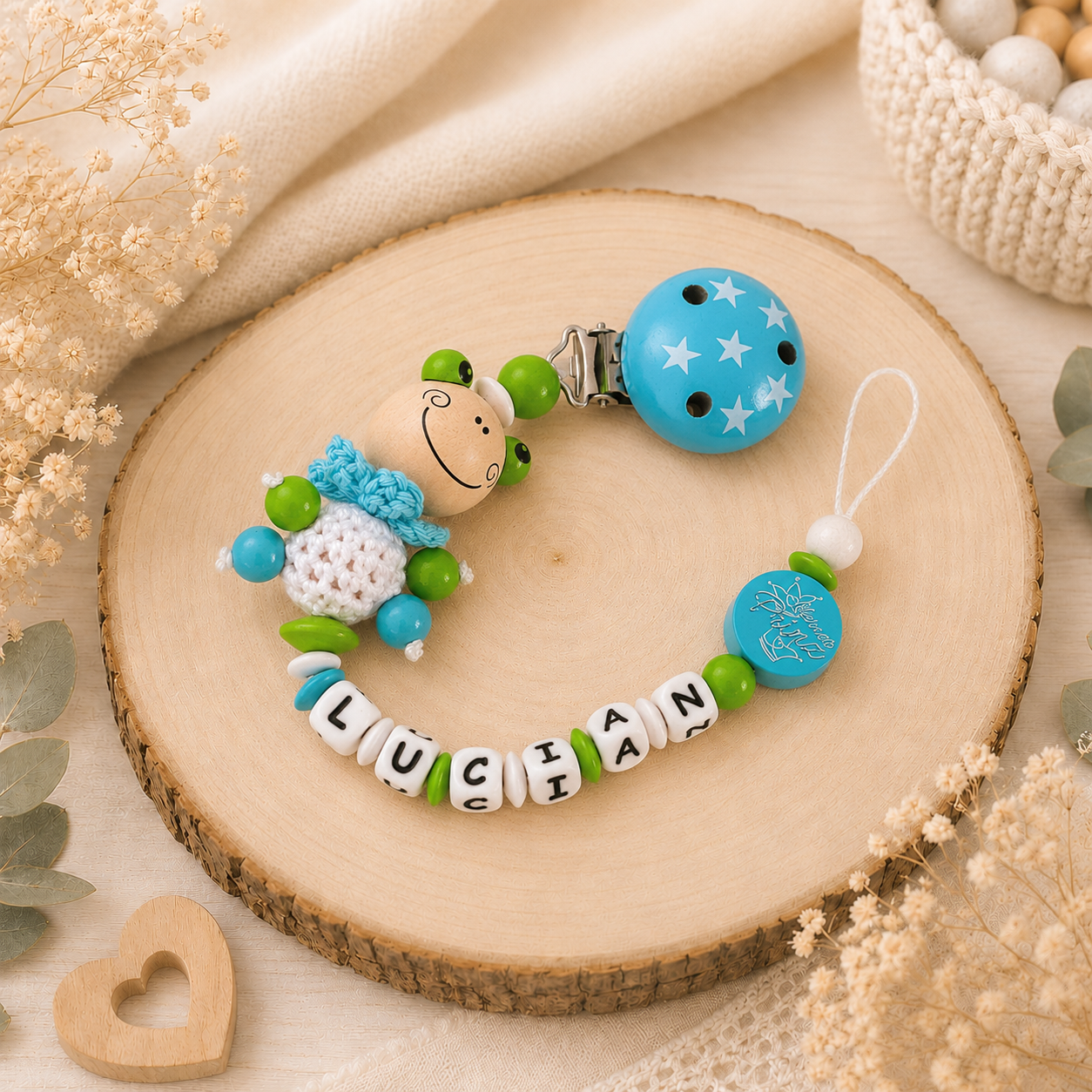 Personalisierte Schnullerkette mit Namen -Frosch -Baby Junge -Geschenk