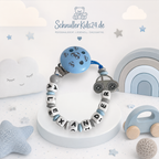 Personalisierte Schnullerkette mit Namen für Jungen - Auto - Silikon & Holz - Blau Grau