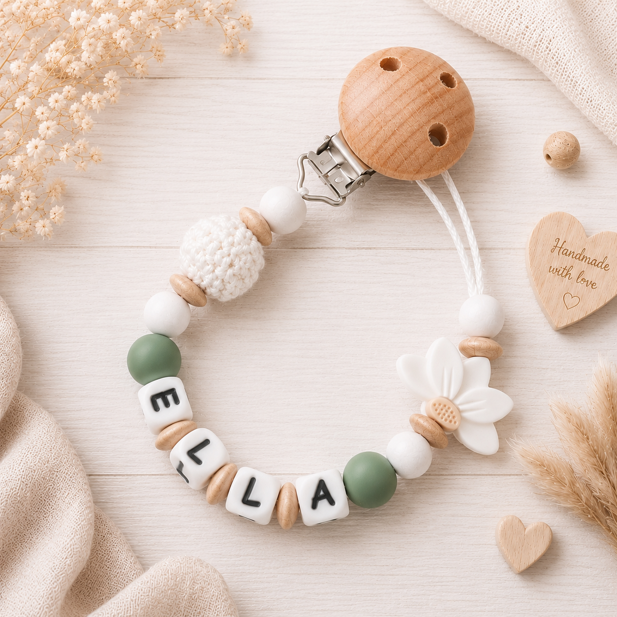 Personalisierte Schnullerkette mit Namen - Blume - Babygeschenk