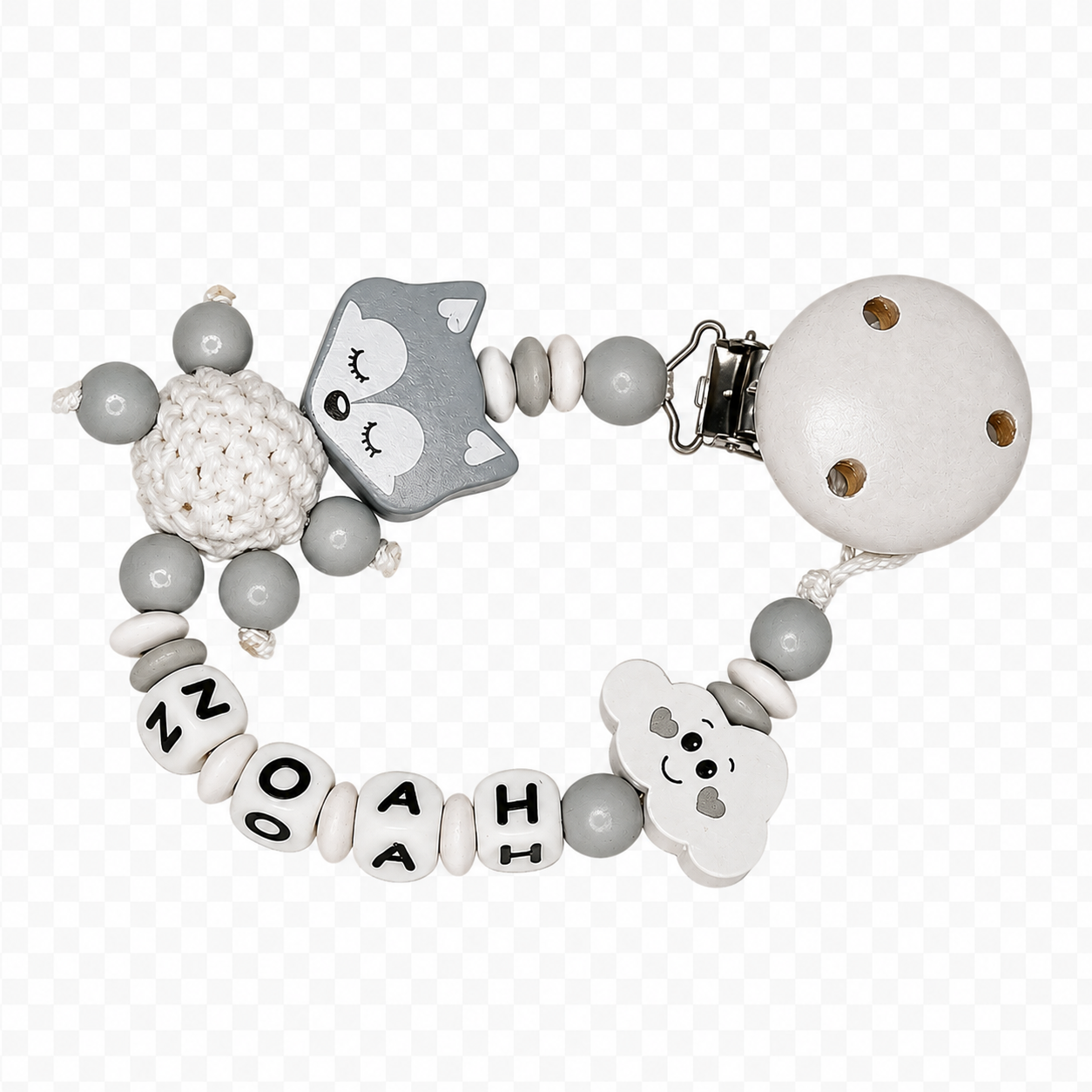 Schnullerkette mit Namen für Jungen | personalisiert | Fuchs Wolke | Weiß Grau | Geschenk Geburt