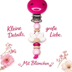 Personalisierte Schnullerkette mit Namen - Holz & Silikon - Baby Mädchen - Pink Natur - Löwen Design