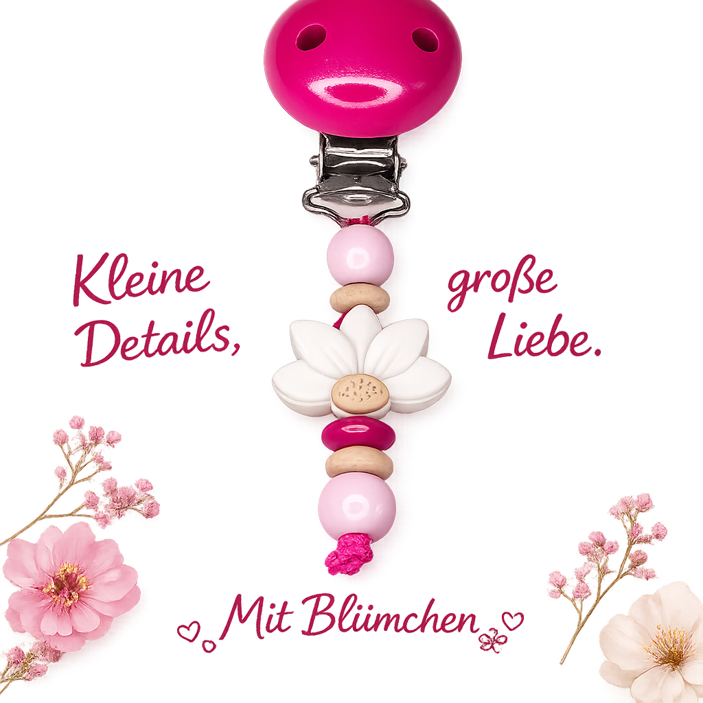 Personalisierte Schnullerkette mit Namen - Holz & Silikon - Baby Mädchen - Pink Natur - Löwen Design