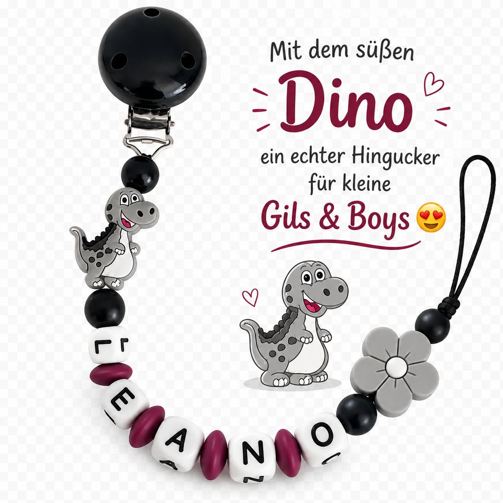 Personalisierte Schnullerkette mit Namen Dino & Blume