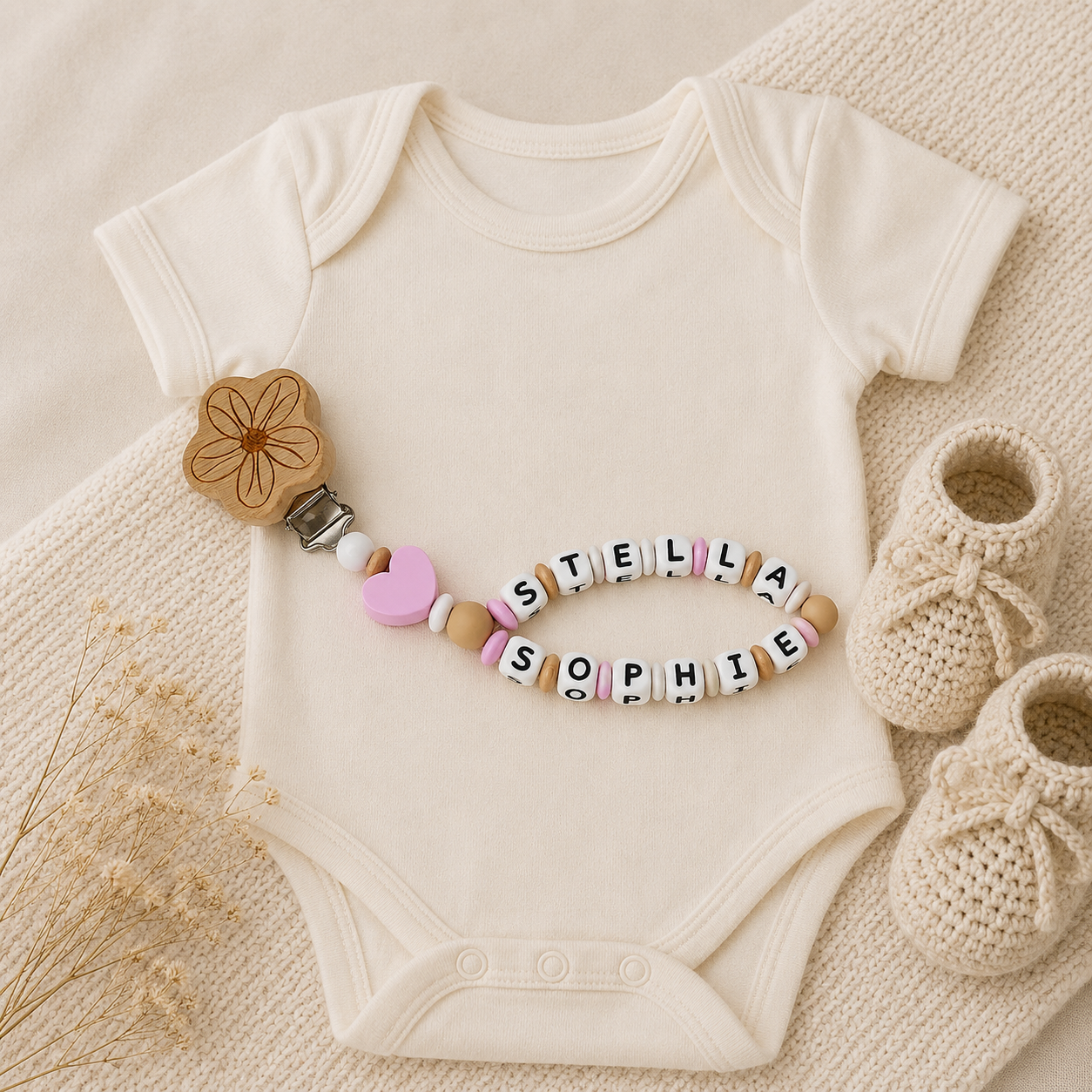 Schnullerkette mit Namen & Doppelnamen Mädchen | Personalisiert aus Holz & Silikon | Baby Geschenk zur Geburt & Taufe