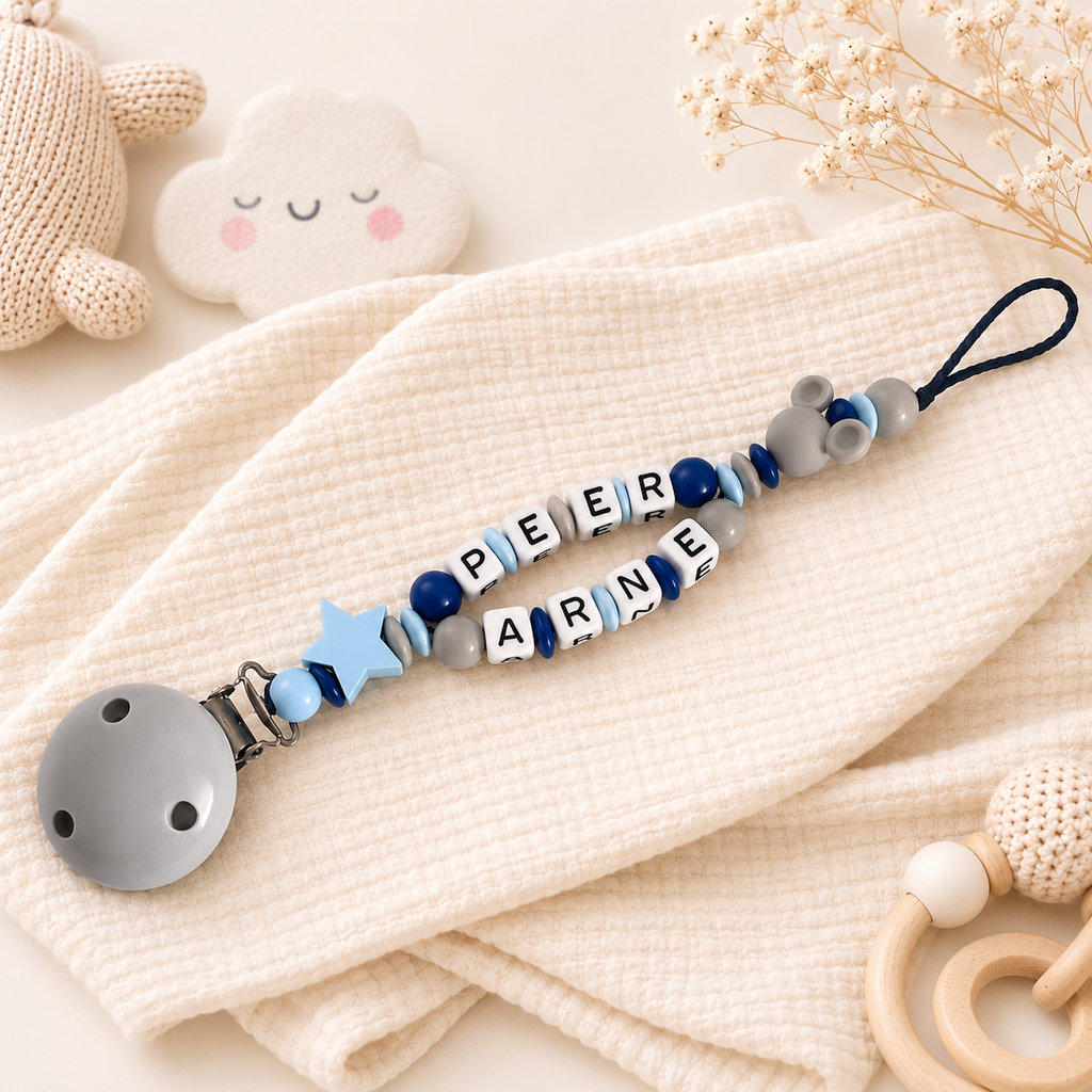 Schnullerkette mit Namen & Doppelnamen Junge | Personalisiert aus Geschenk Holz & Silikon | Baby zur Geburt & Taufe