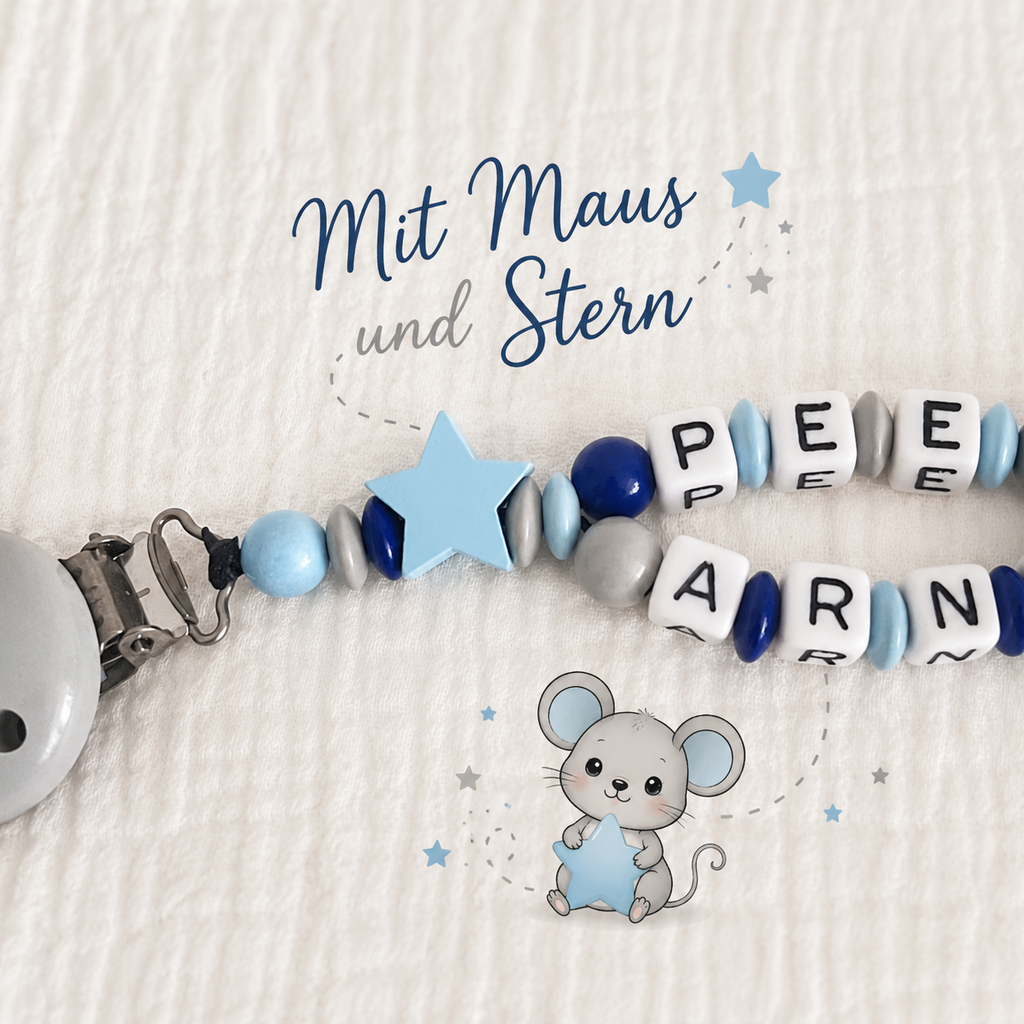 Schnullerkette mit Namen & Doppelnamen Junge | Personalisiert aus Geschenk Holz & Silikon | Baby zur Geburt & Taufe
